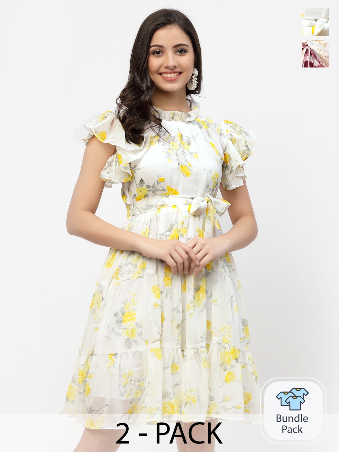 

MISS AYSE Maroon & White Pack of 2 Floral Georgette Dress