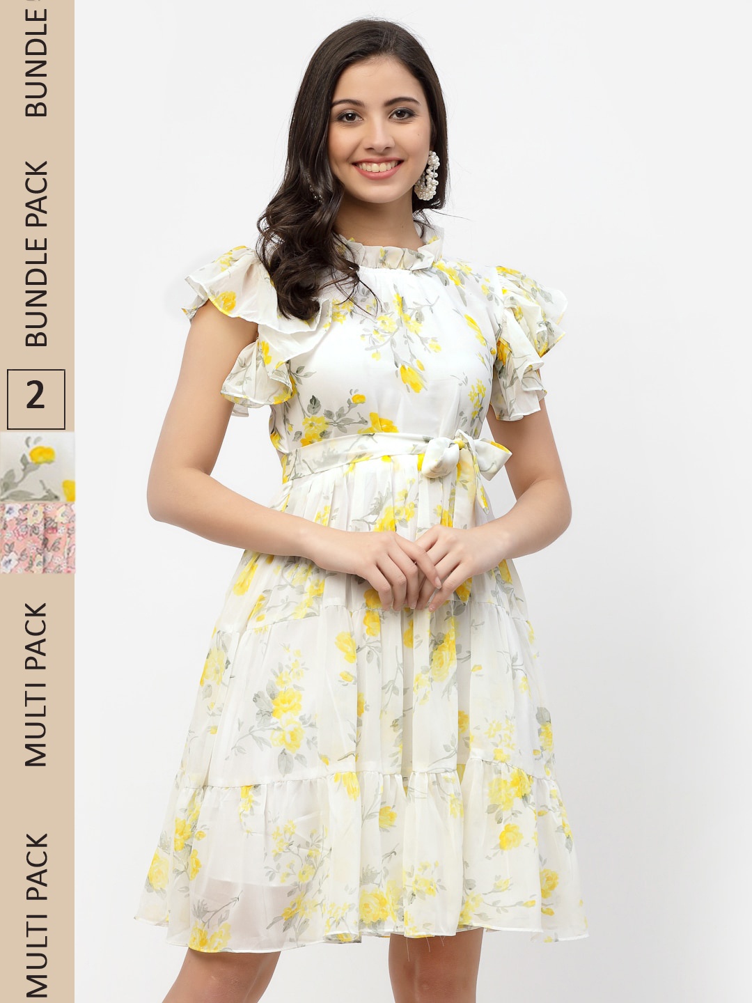 

MISS AYSE White & Peach-Coloured Pack of 2 Floral Georgette Dress