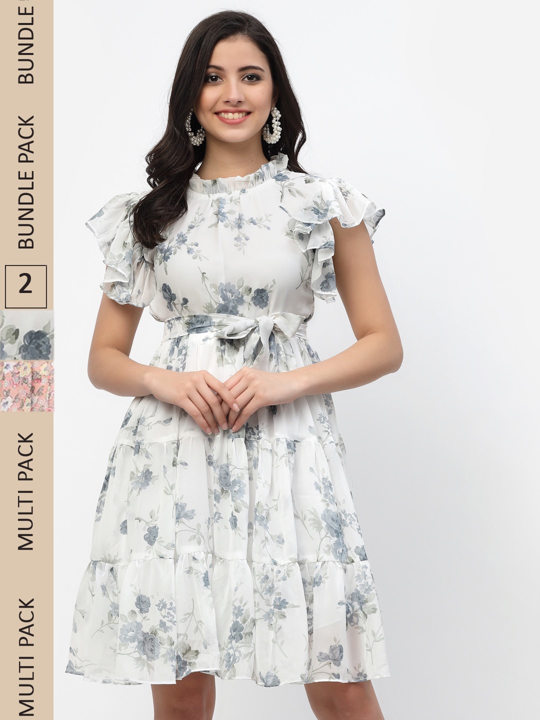 

MISS AYSE Off White & Green Floral Georgette Dress