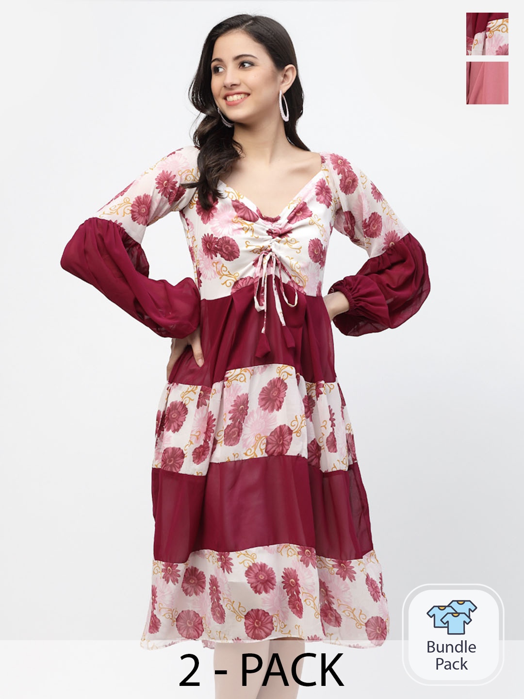 

MISS AYSE Women Coral & Maroon Fit & Flare V-Neck Dress