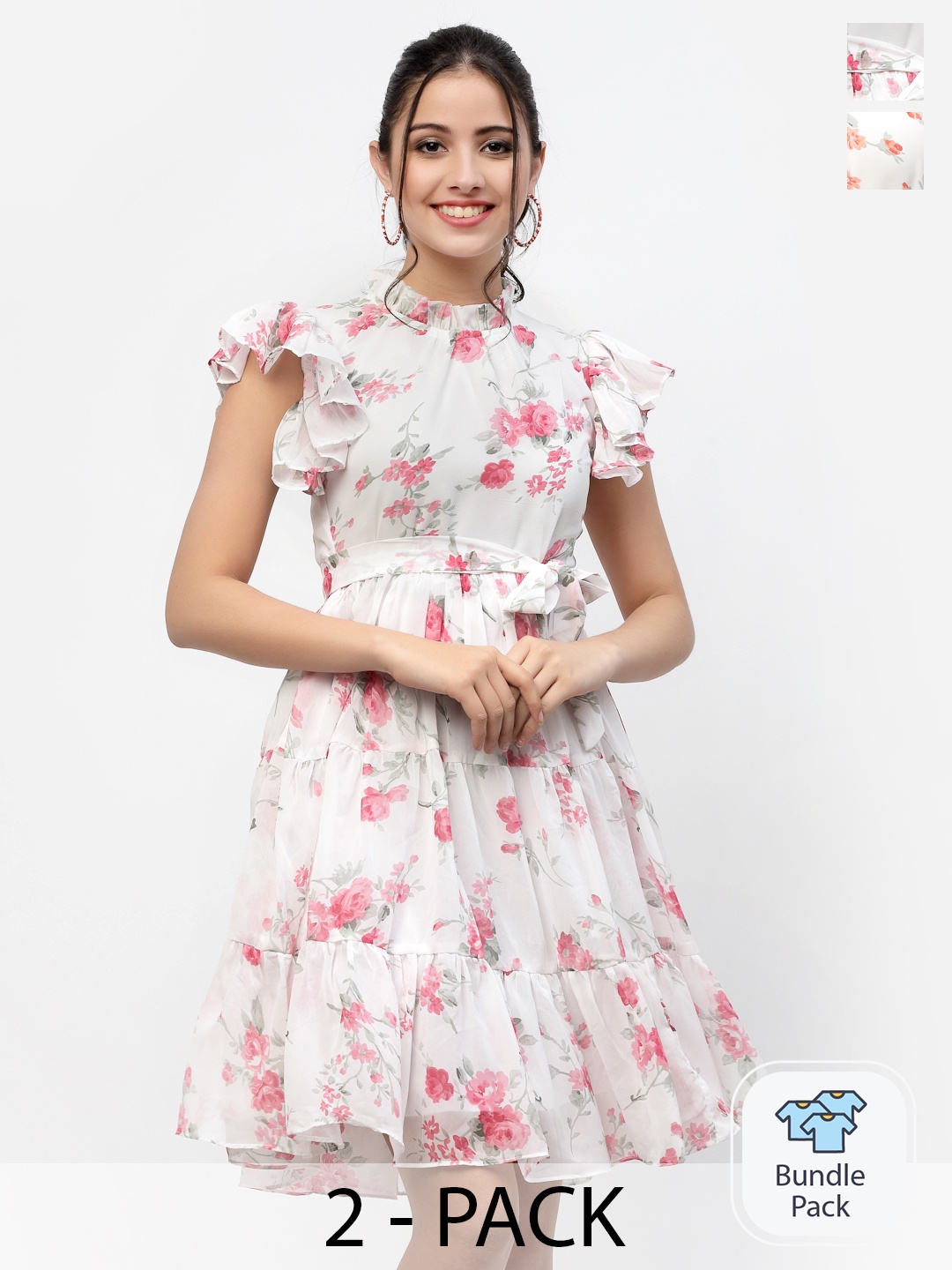 

MISS AYSE Women Off White & Pink Pack Of 2 Floral Printed Georgette Dress