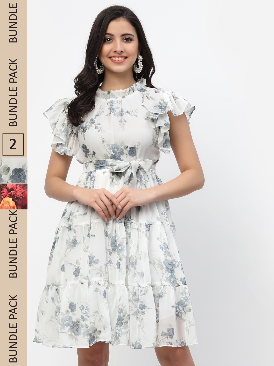 

MISS AYSE Off White & Blue Floral Georgette Dress