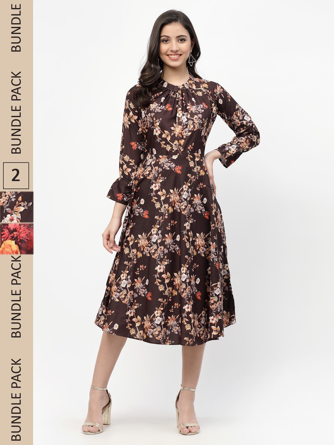 

MISS AYSE Women Brown & Off White Pack Of 2 Floral Midi Dress