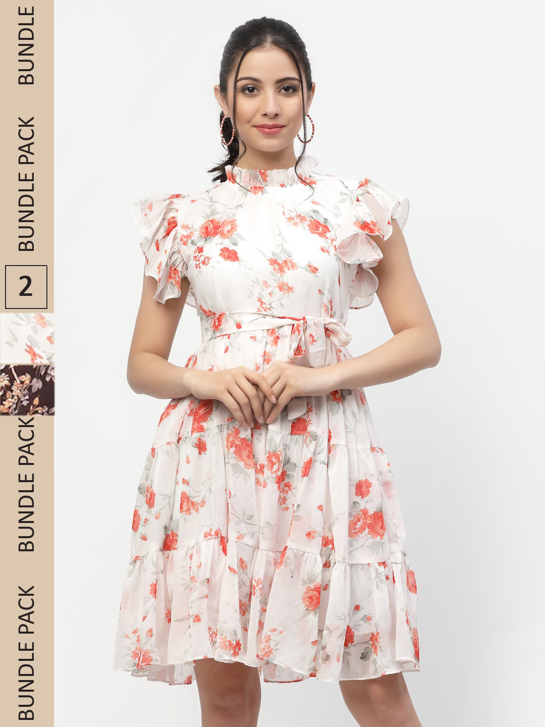 

MISS AYSE Off White & Peach-Coloured Floral Georgette Dress