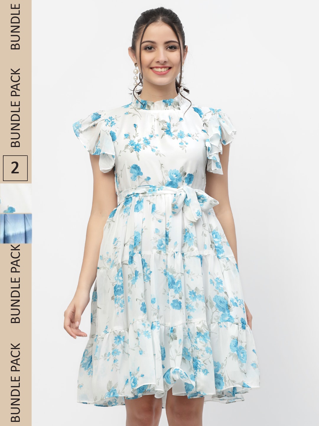 

MISS AYSE Women Off White & Blue Pack Of 2 Floral Printed Fit & Flare Dress