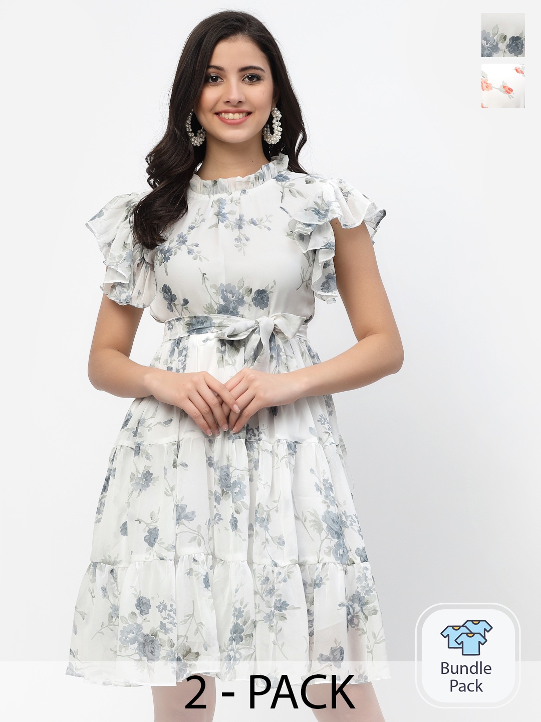 

MISS AYSE Off White & Coral Floral Georgette Dress