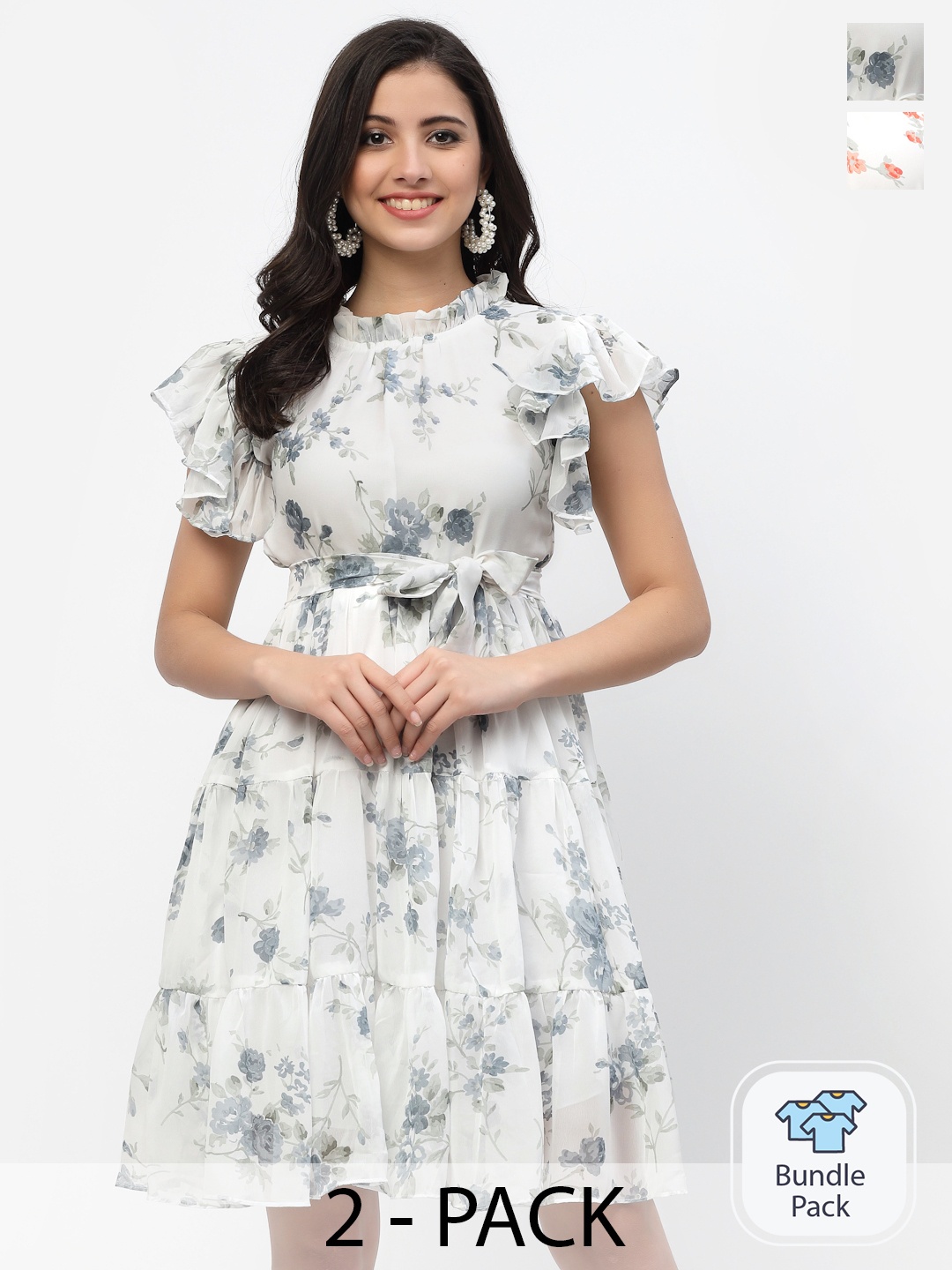 

MISS AYSE Off White & Pink Floral Georgette Dress