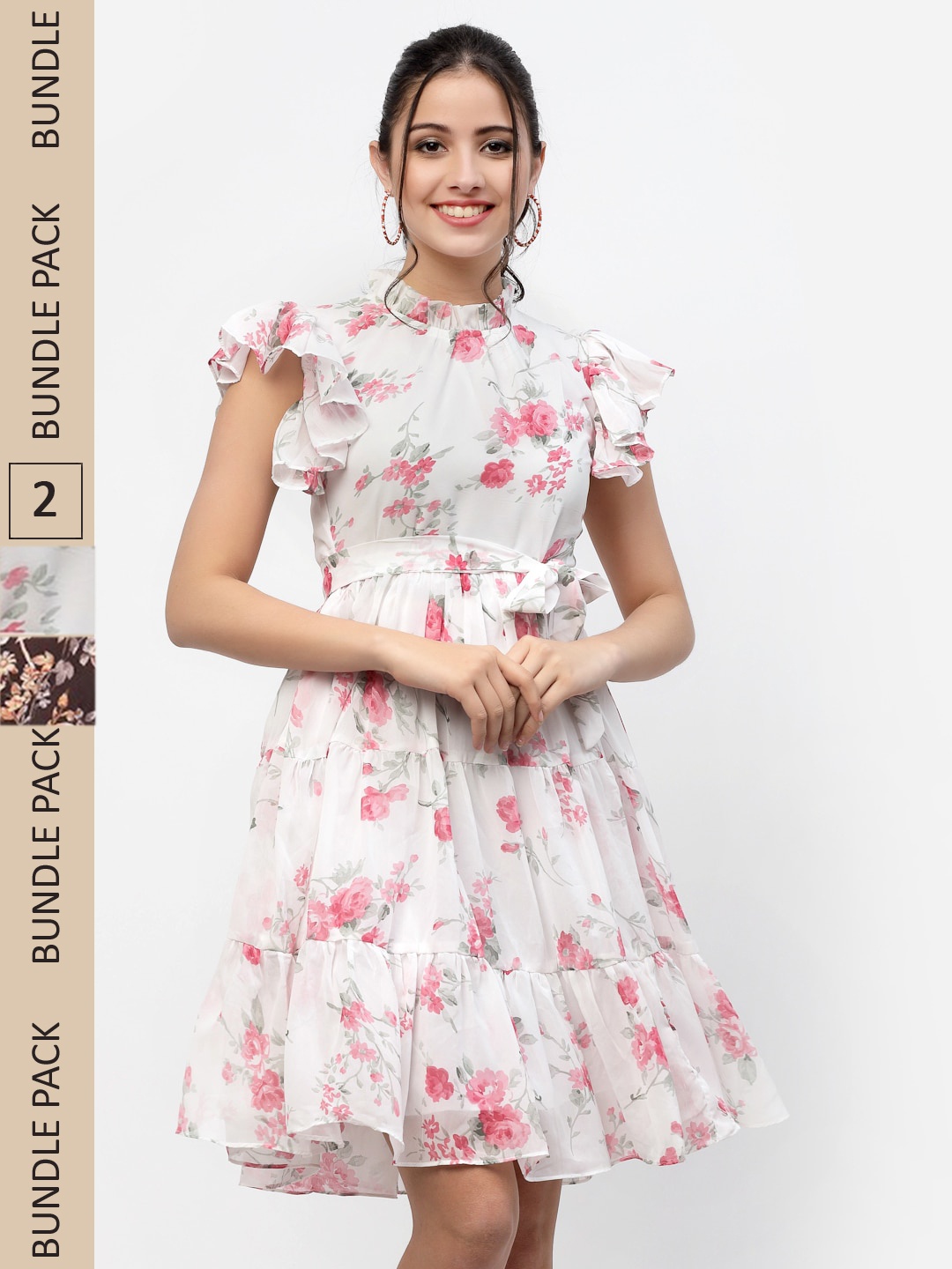 

MISS AYSE Pack Of 2 Off White & Brown Floral Printed Fit & Flare Dresses