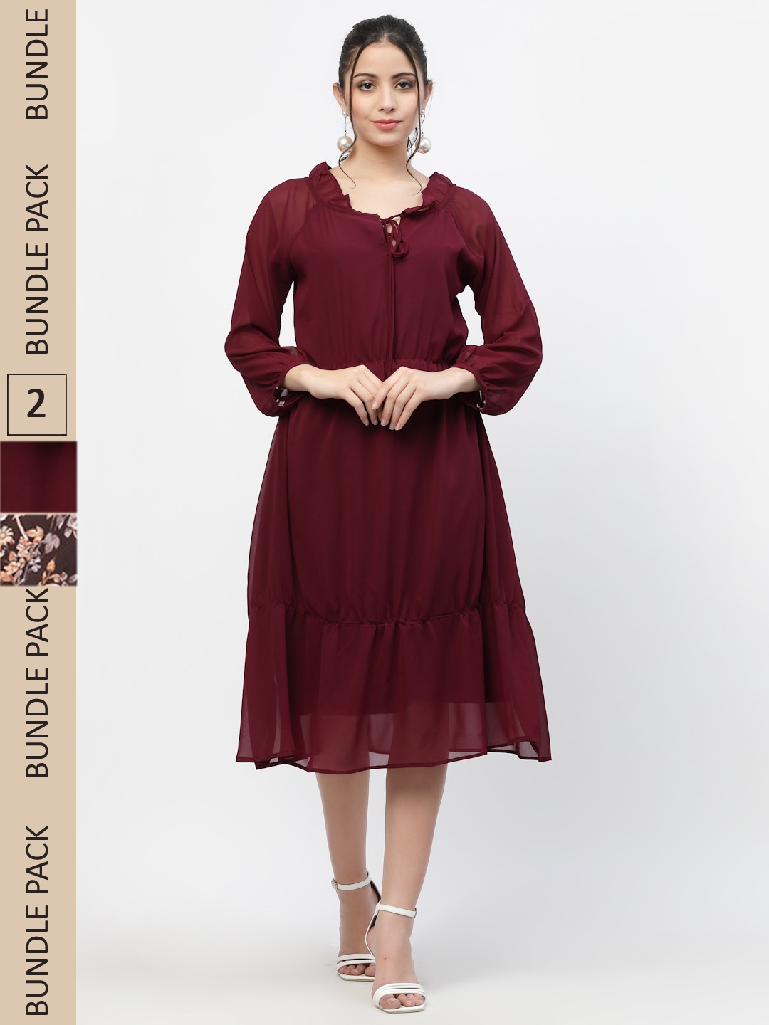 

MISS AYSE Maroon & Brown Tie-Up Neck Georgette A-Line Midi Dress