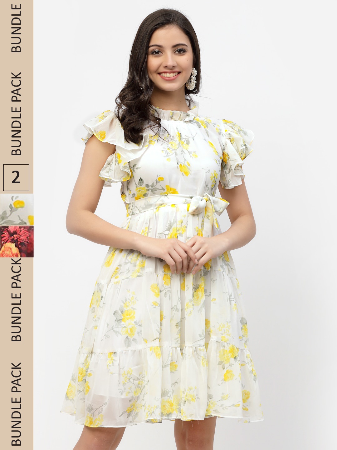 

MISS AYSE Pack Of 2Off White & Maroon Floral Printed Fit & Flare Dresses, Off white