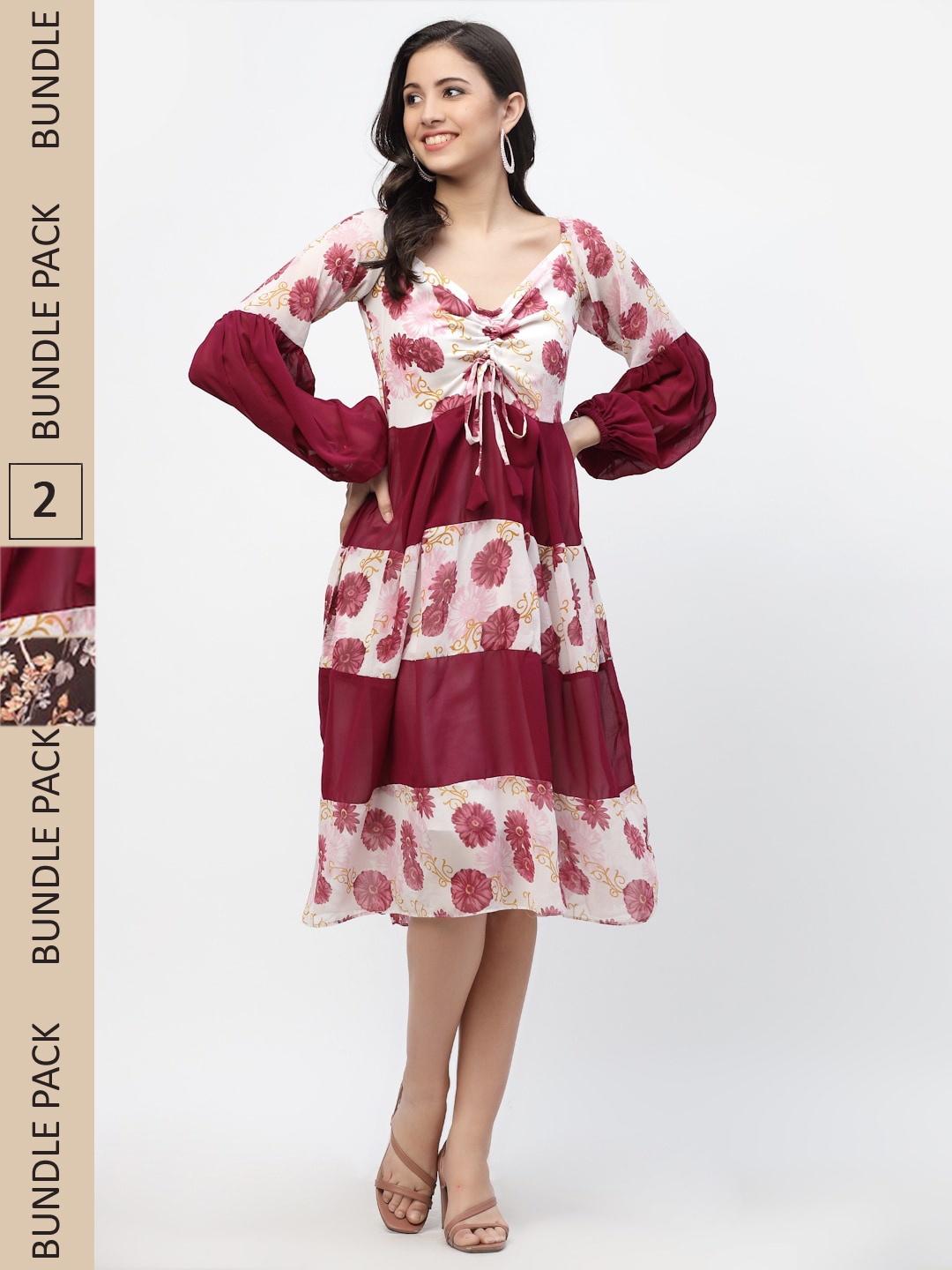 

MISS AYSE Pack Of 2 Maroon & Brown Floral Printed Fit & Flare Dresses