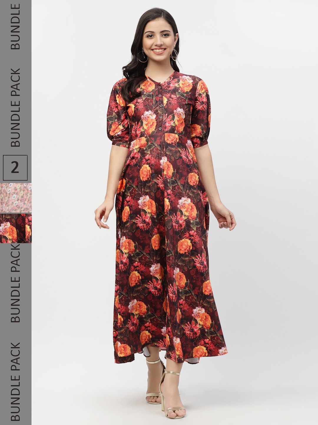 

MISS AYSE Pack Of 2 Maroon & Peach Floral Printed Fit & Flare Dresses