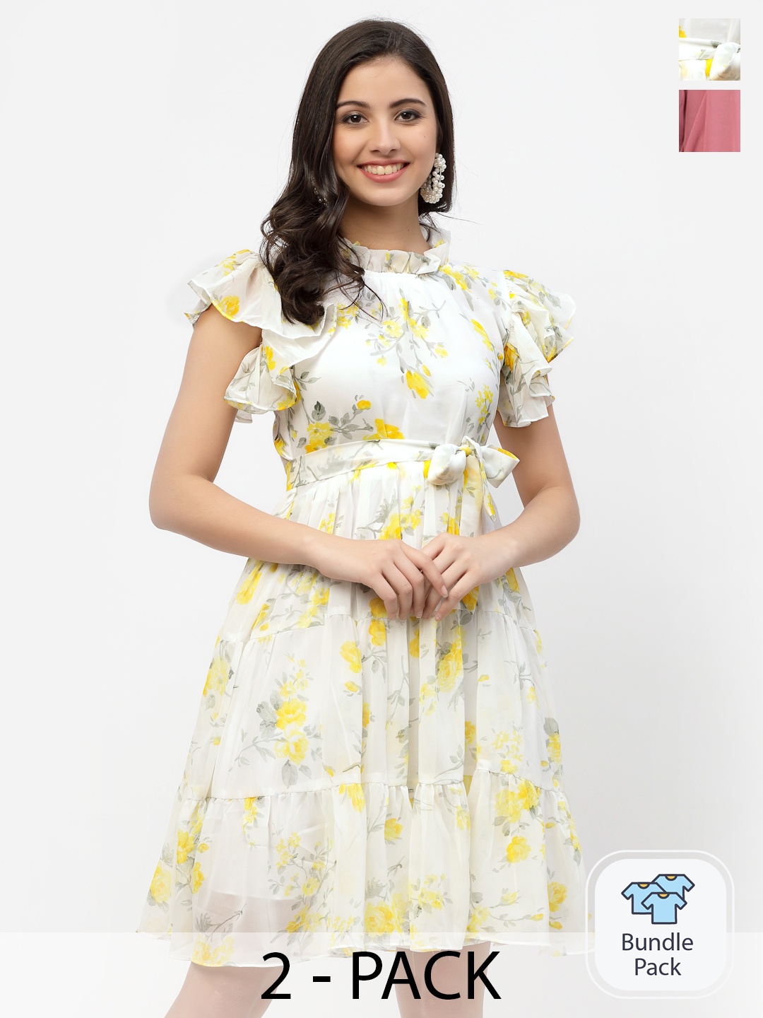 

MISS AYSE Pack Of 2 Peach & Off White Knee-Length Fit & Flare Dresses