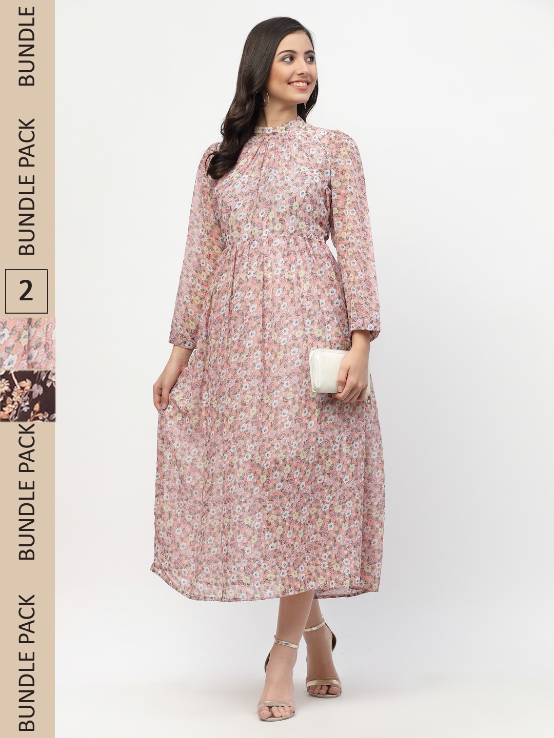 

MISS AYSE Peach-Coloured & Off White Floral Georgette Midi Dress