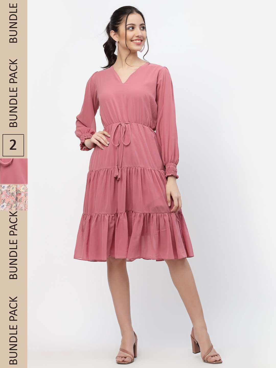 

MISS AYSE Women Coral & Peach-Coloured Pack Of 2 V-Neck Dress