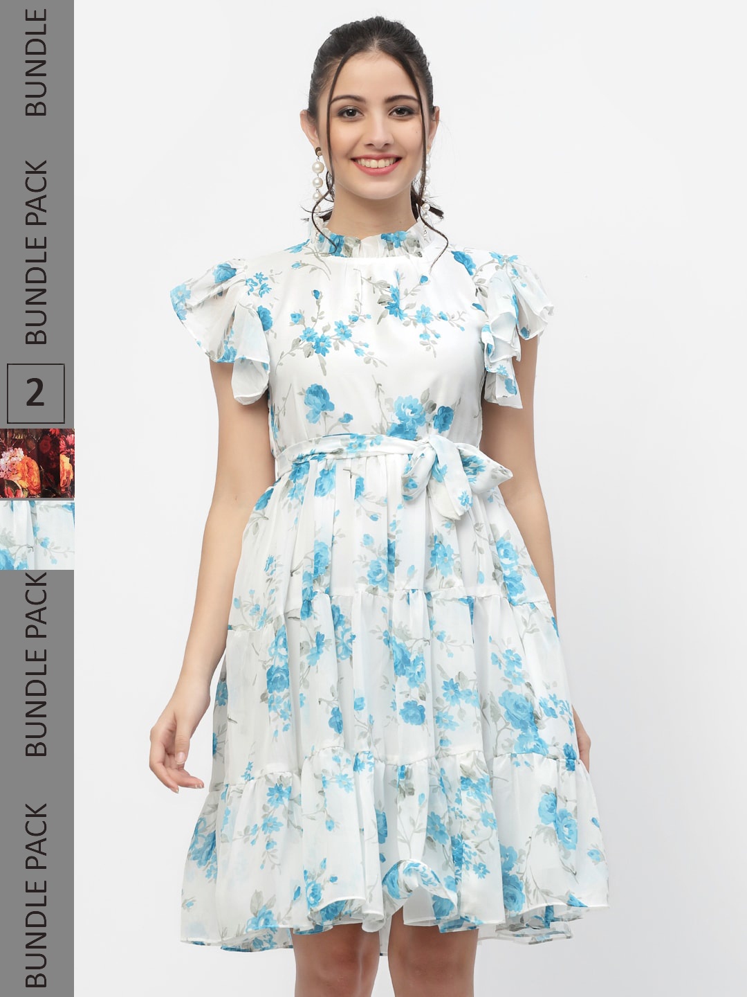 

MISS AYSE White & Blue Floral Georgette Dress