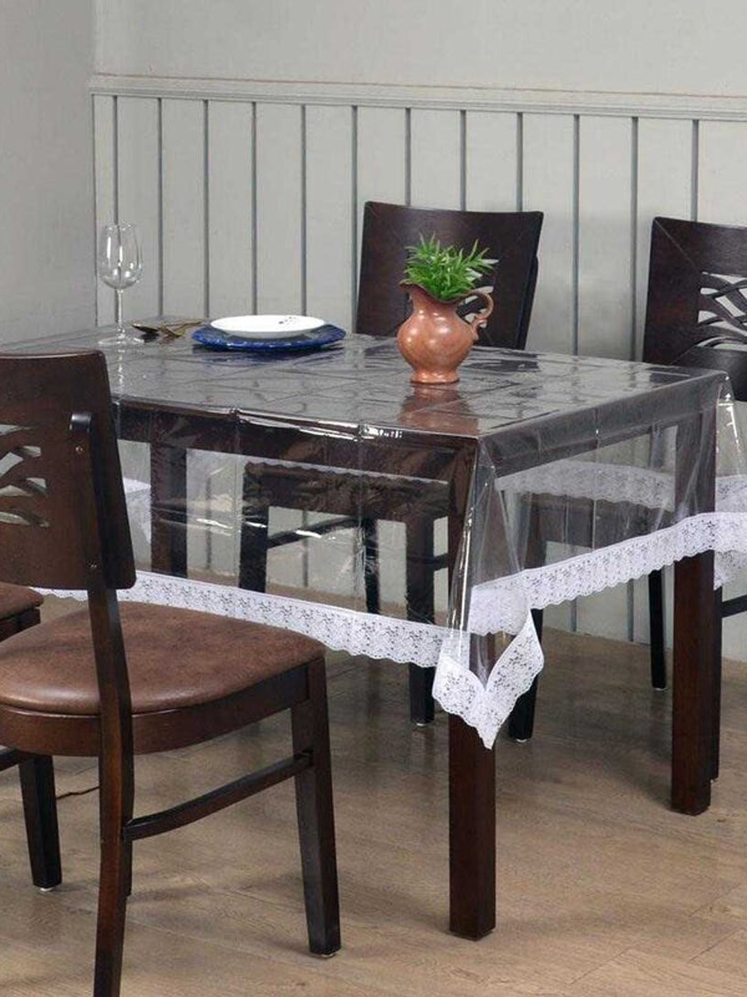 

Athome by Nilkamal Transparent & White Empire with Lace 6 Seater Table Cover