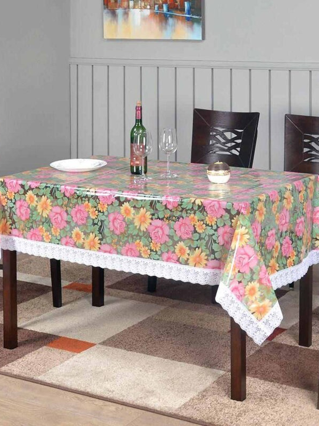 

Athome by Nilkamal Pink & Yellow Floral Printed 6 Seater Table Cover with Lace