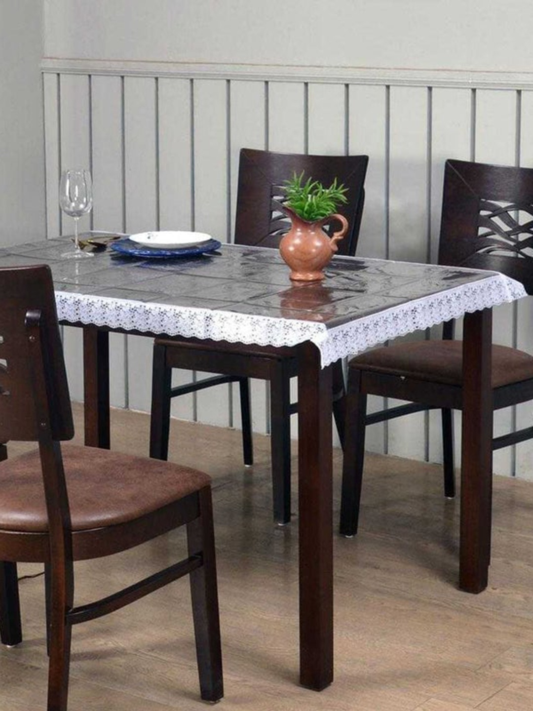 

Athome by Nilkamal Transparent & White Empire with Lace 4 Seater Table Cover