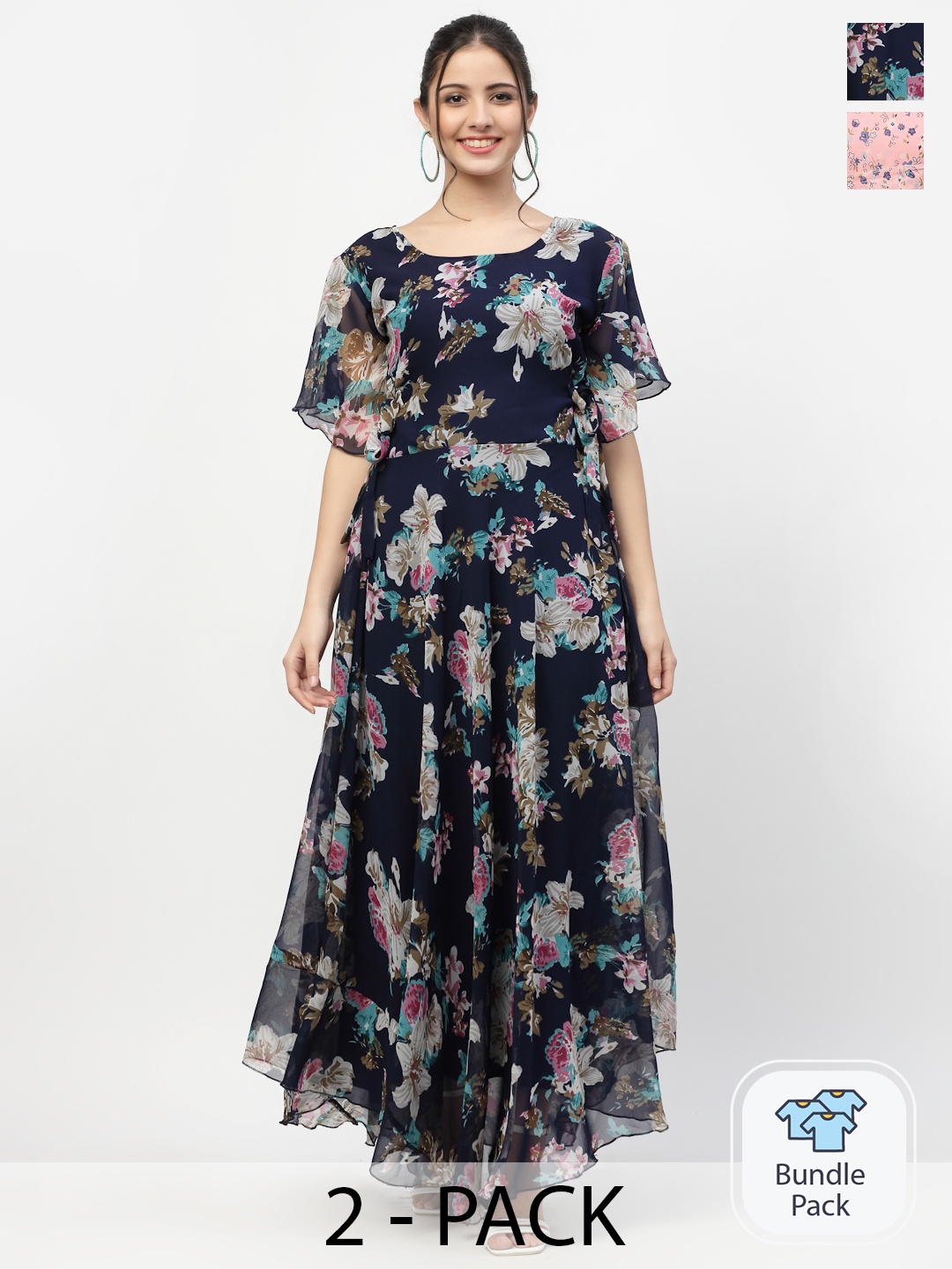 

MISS AYSE Women Navy Blue & Peach-Coloured Pack Of 2 Floral Printed Fit & Flare Maxi Dress