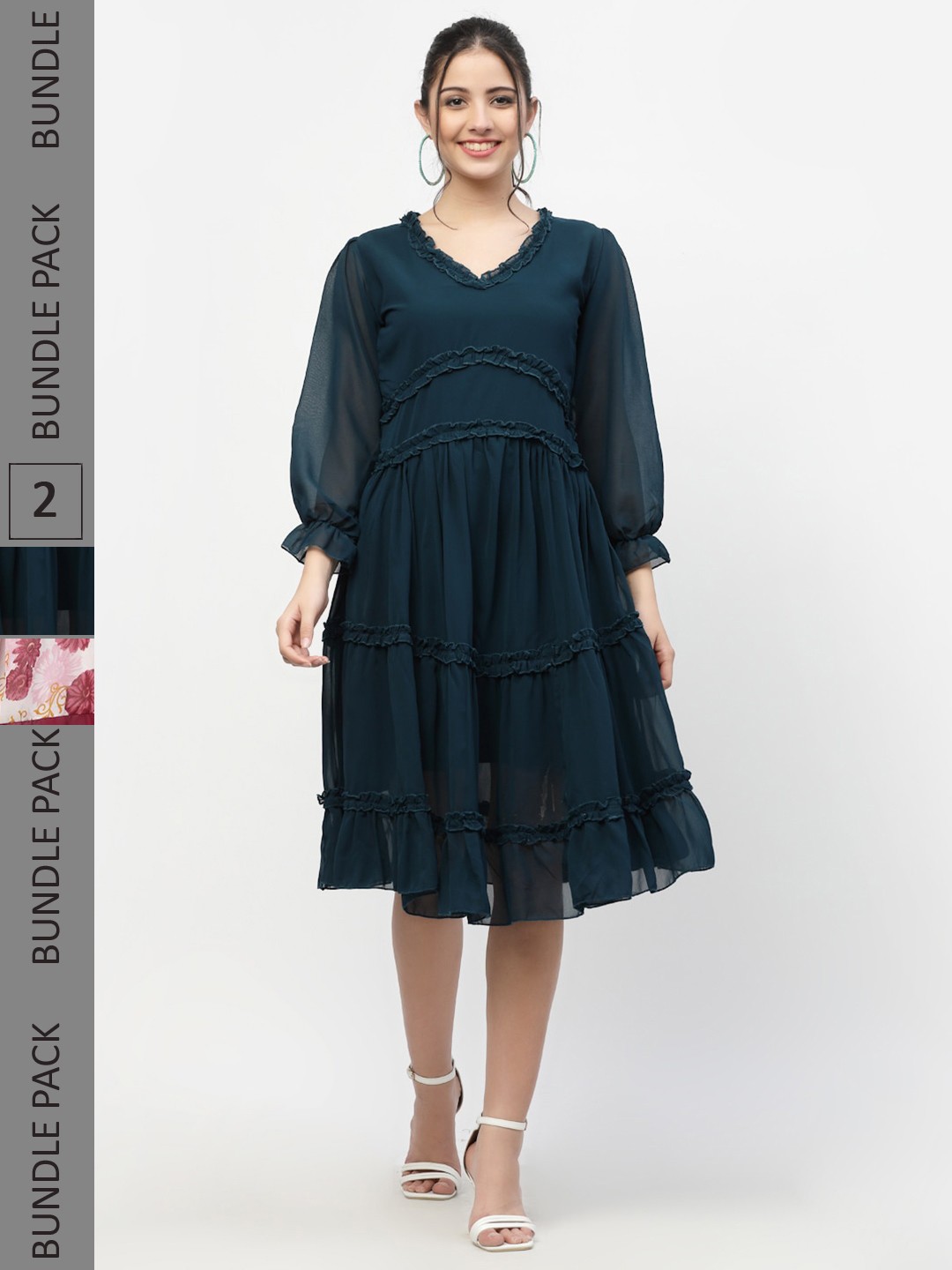 

MISS AYSE Women Teal & Off White Pack Of 2 Fit & Flare Dresses