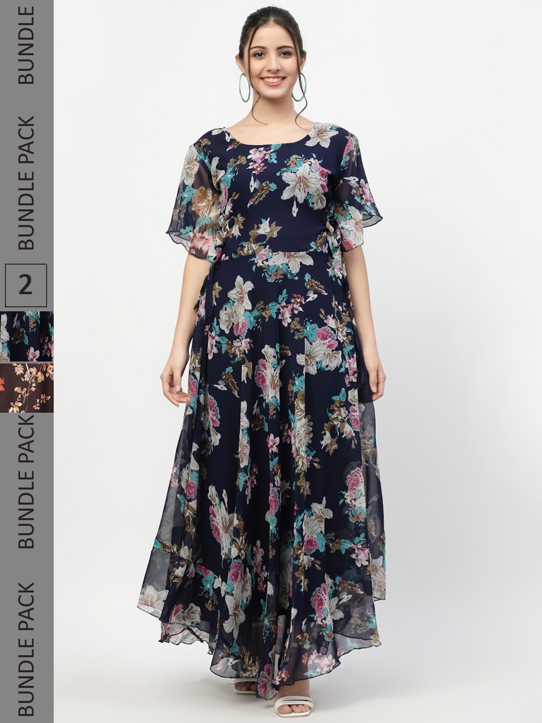 

MISS AYSE Women Navy Blue & Off White Pack Of 2 Floral Printed Fit & Flare Maxi Dresses