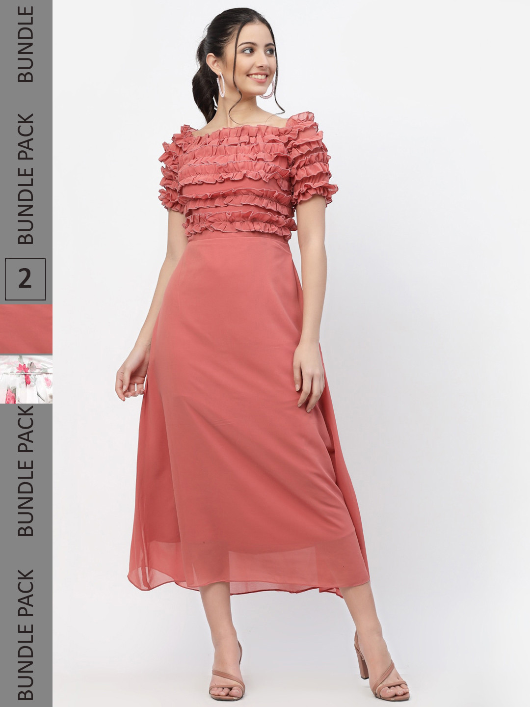 

MISS AYSE Coral & White Georgette Midi Dress