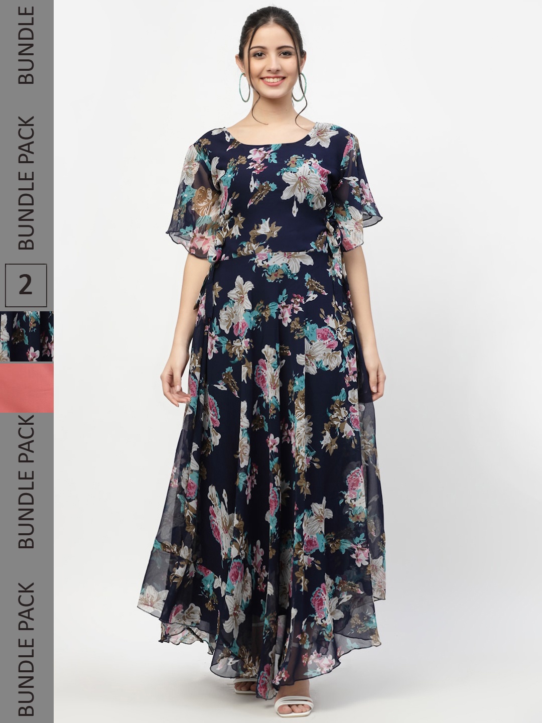 

MISS AYSE Women Navy Blue & Coral Pack Of 2 Floral Printed Maxi Dress