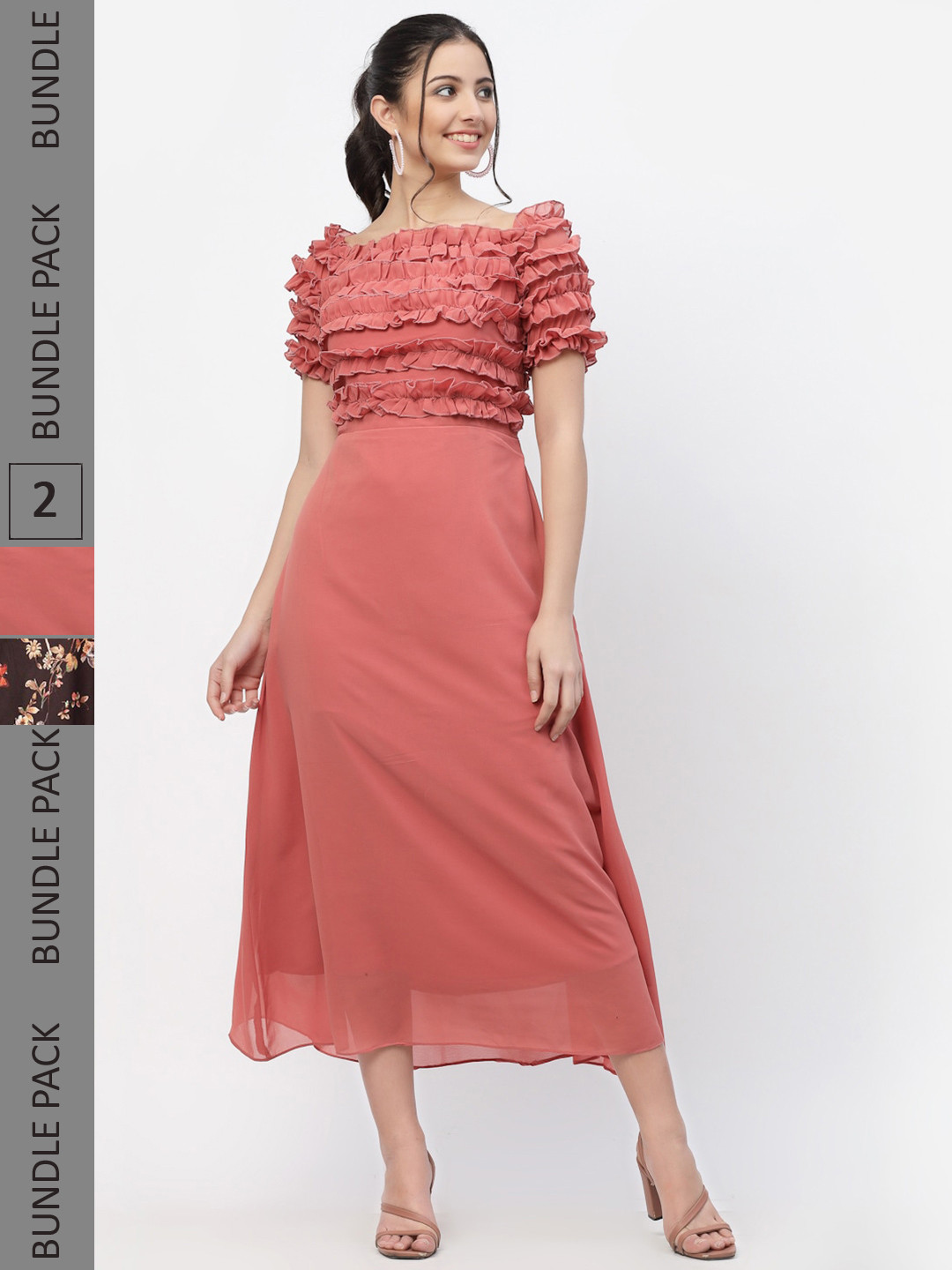 

MISS AYSE Coral & Brown Georgette Midi Dress