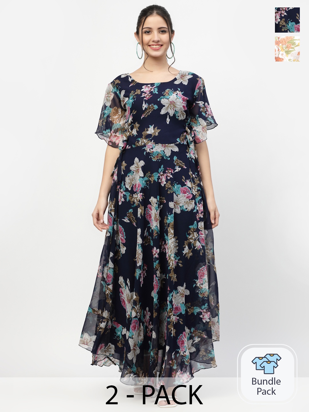 

MISS AYSE Women Navy Blue & Off White Pack Of 2 Floral Printed Maxi Dresses