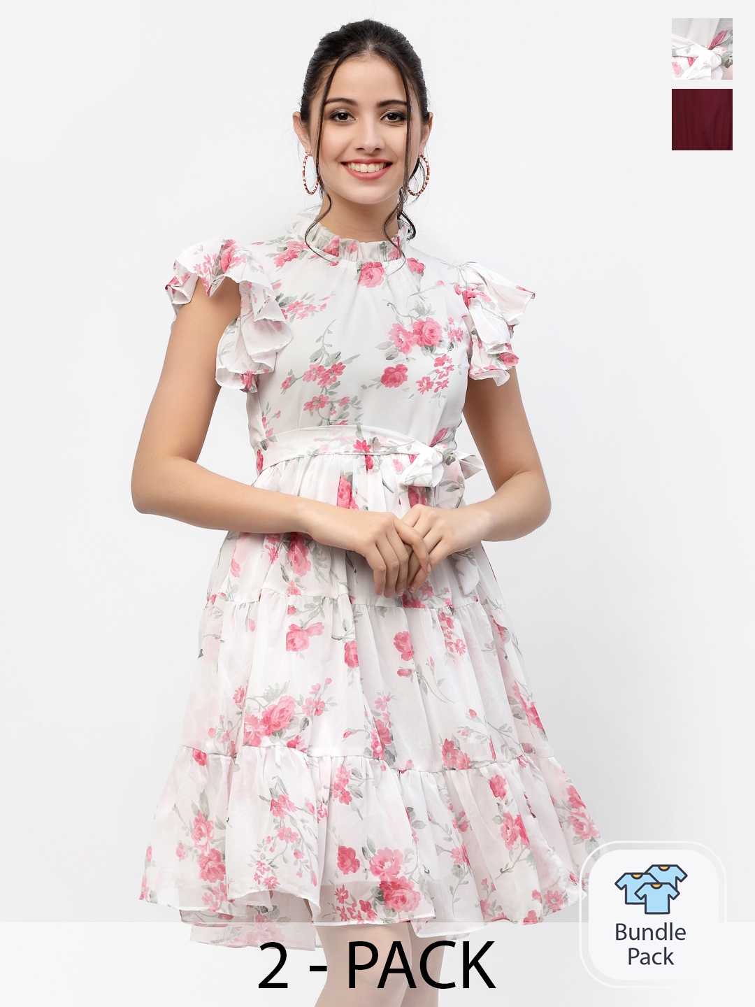 

MISS AYSE Women Maroon & White Pack Of 2 A-Line Midi Dresses