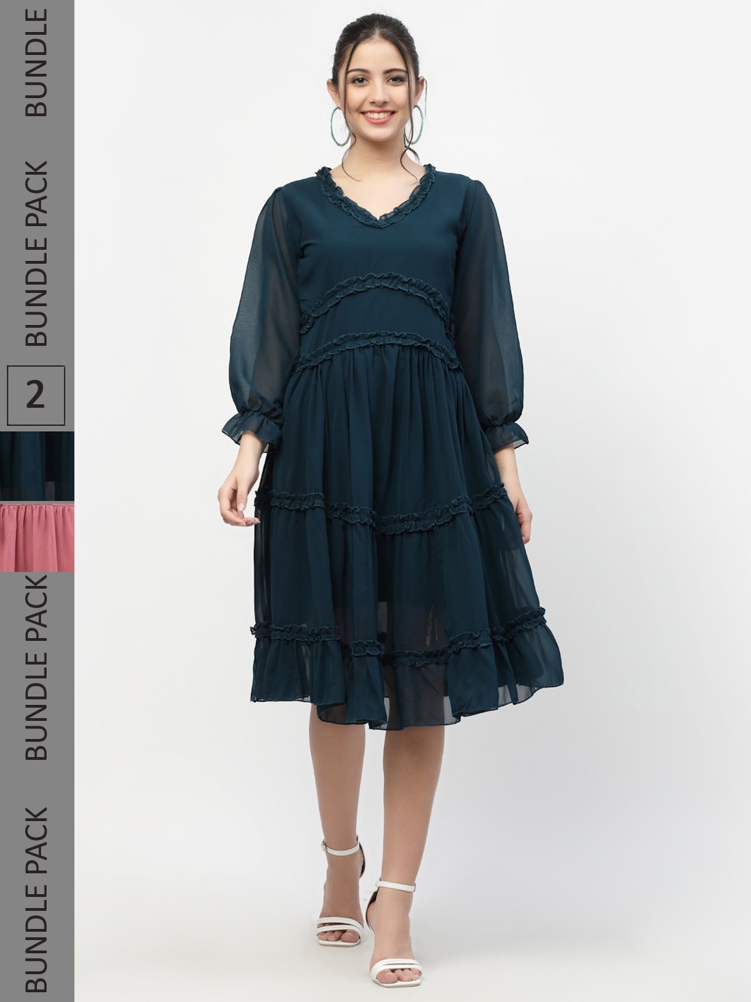 

MISS AYSE Pack Of 2 Teal & Peach Knee-Length Fit & Flare Dresses