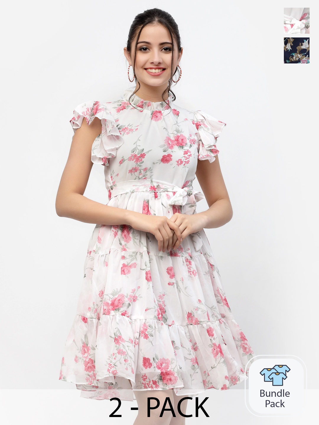

MISS AYSE Pack Of 2 Navy Blue & Off White Floral Printed Fit & Flare Dresses