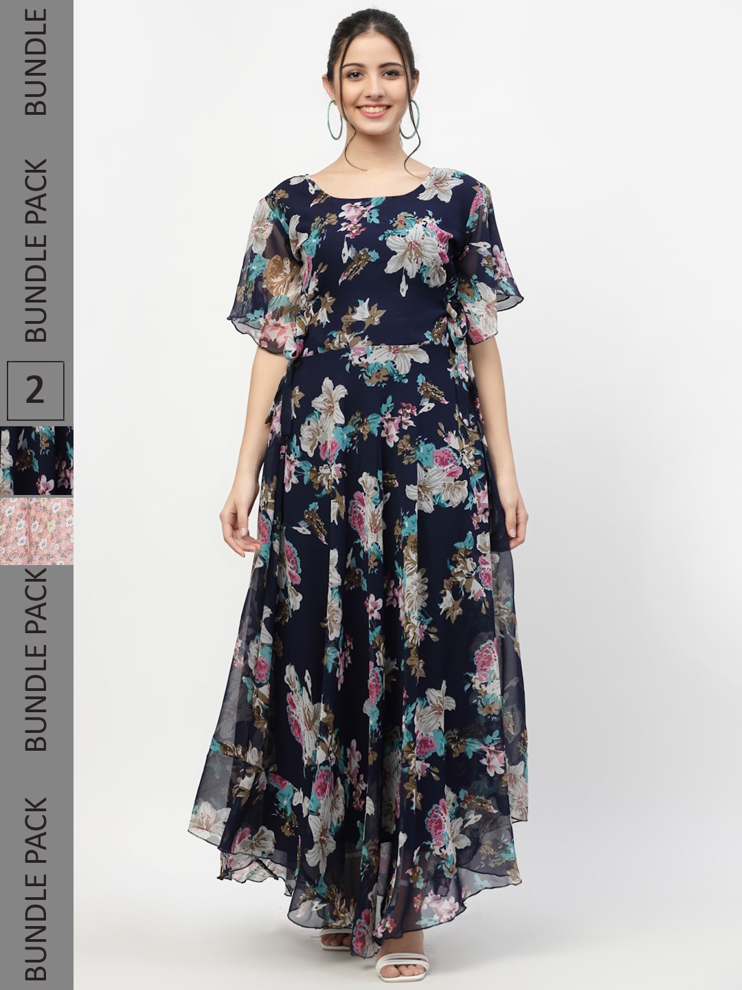 

MISS AYSE Pack Of 2 Navy Blue & Peach Floral Printed Fit & Flare Dresses