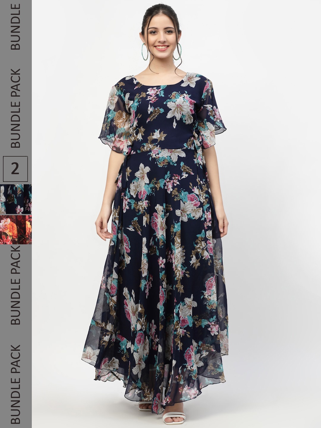 

MISS AYSE Pack Of 2 Navy Blue & Maroon Floral Printed Fit & Flare Dresses