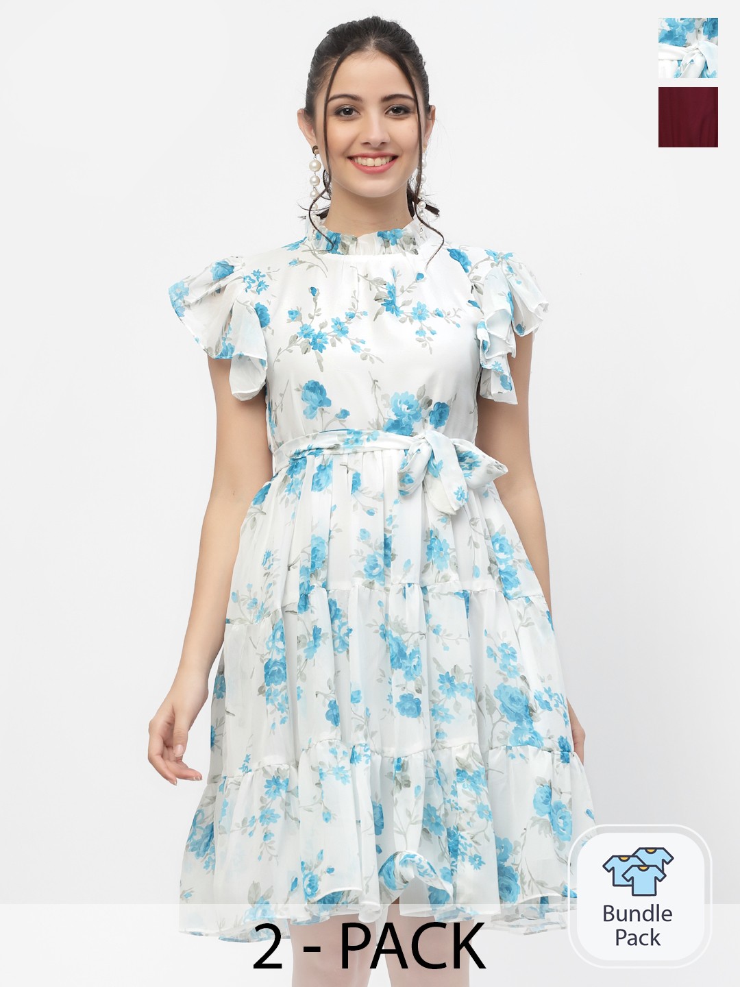 

MISS AYSE Maroon & White Pack Of 2 Tie-Up Neck A-Line Dress