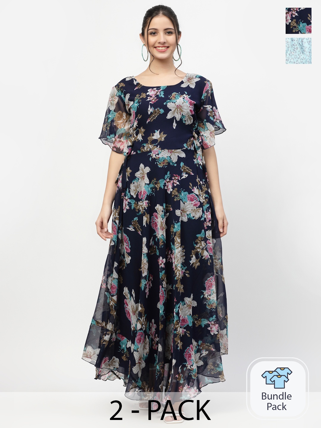 

MISS AYSE Navy Blue & Blue Pack of 2 Floral Georgette Maxi Dress