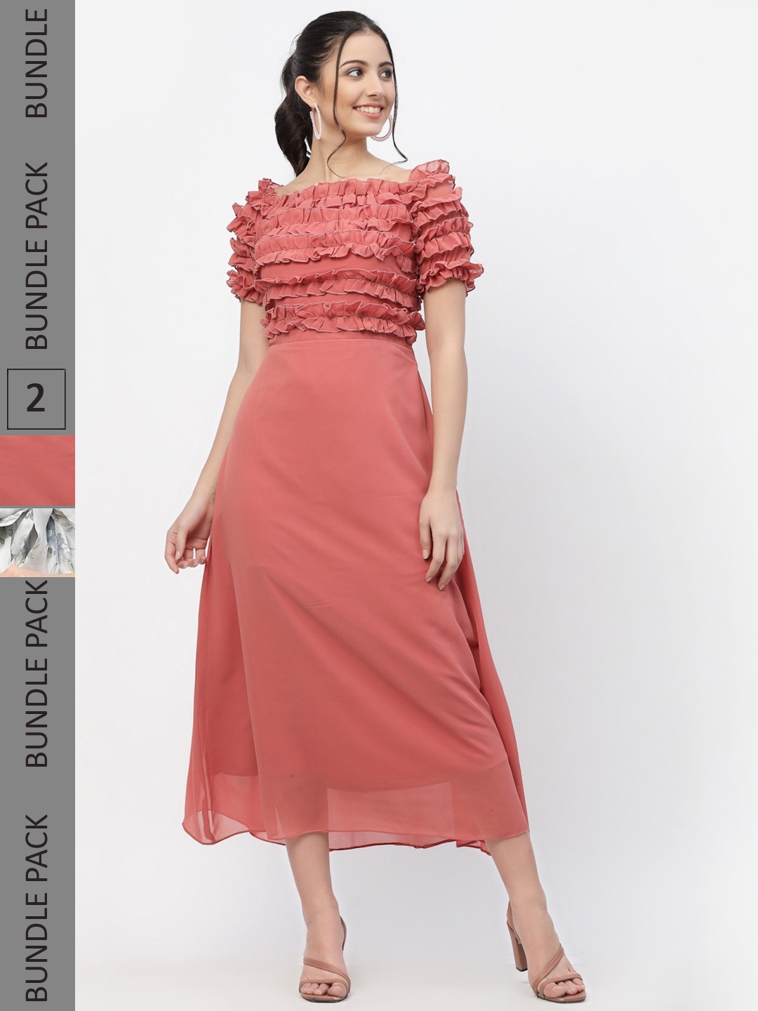 

MISS AYSE Coral & White Off-Shoulder Georgette Midi Dress