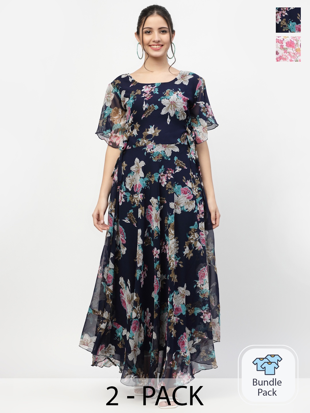

MISS AYSE Women Navy Blue & White Pack Of 2 Floral Printed Dresses