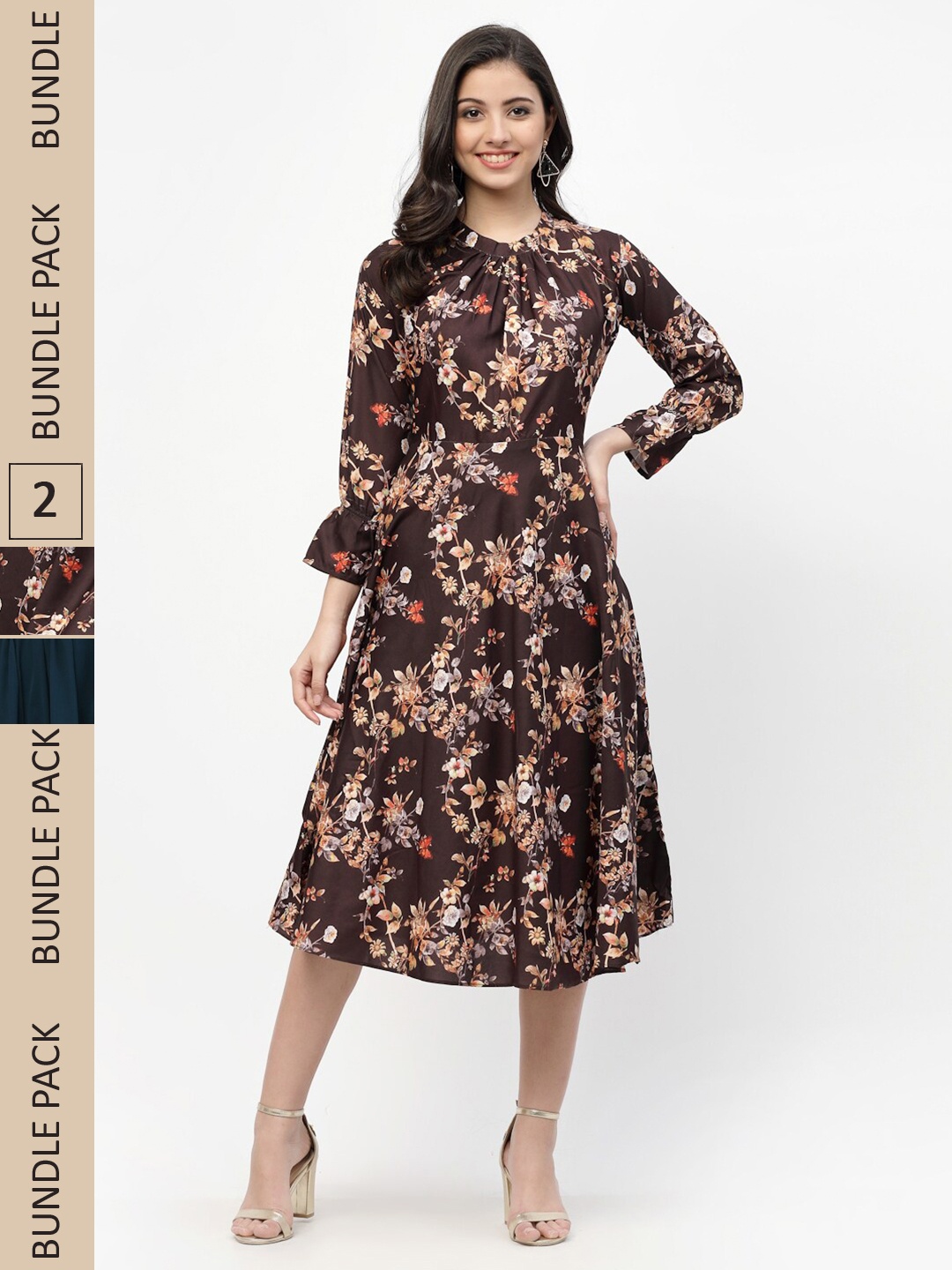 

MISS AYSE Pack Of 2 Brown & Teal Printed Fit & Flare Dresses