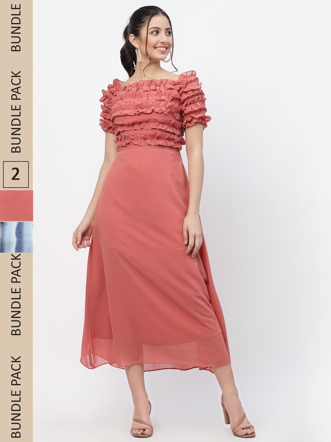 

MISS AYSE Pack Of 2 Coral & Blue Self Design Fit & Flare Dresses
