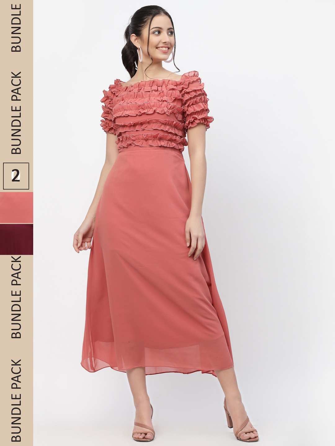 

MISS AYSE Pack Of 2 Coral & Maroon Fit & Flare Dresses