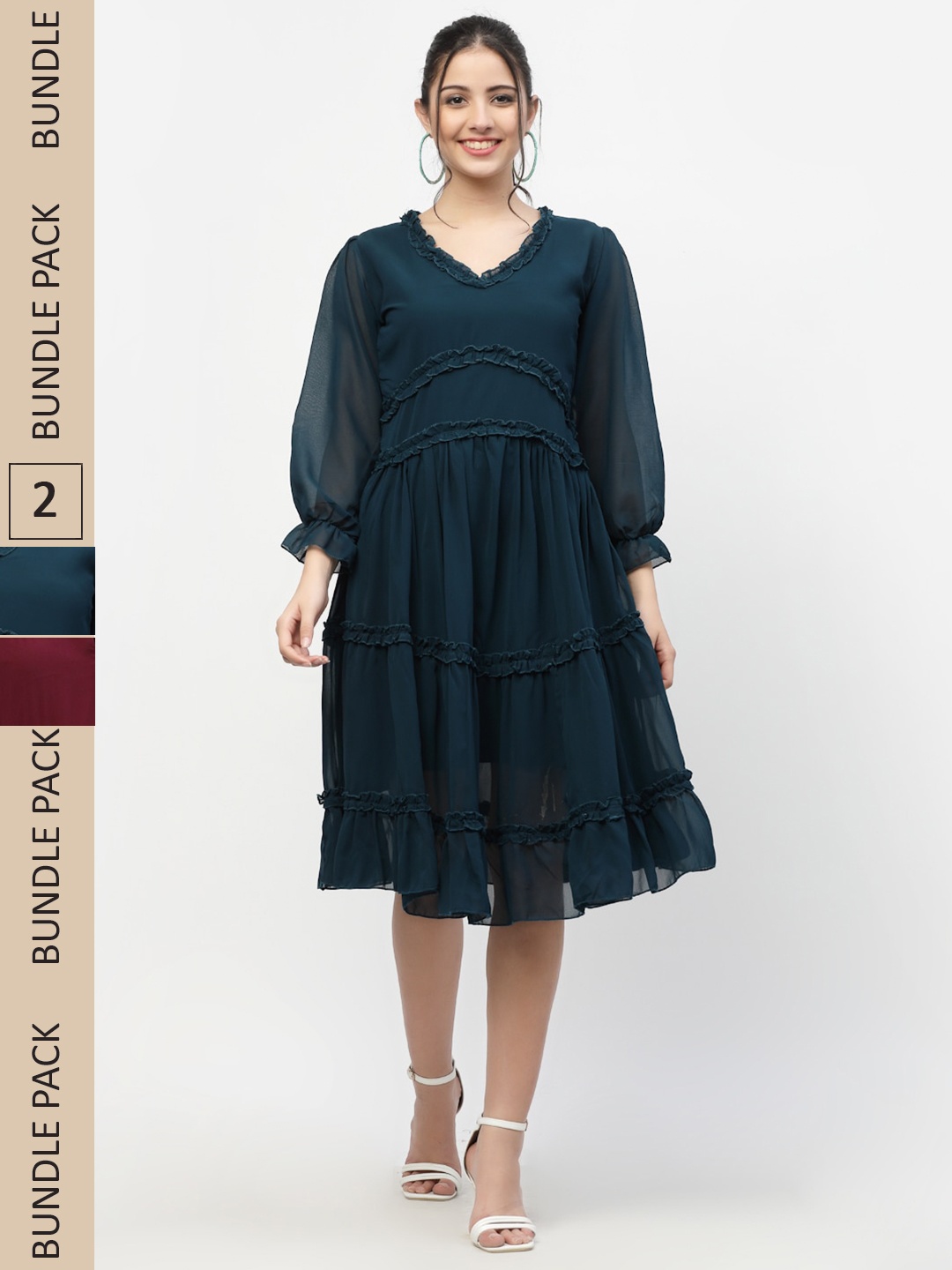 

MISS AYSE Pack Of 2 Teal & Maroon Fit & Flare Dresses