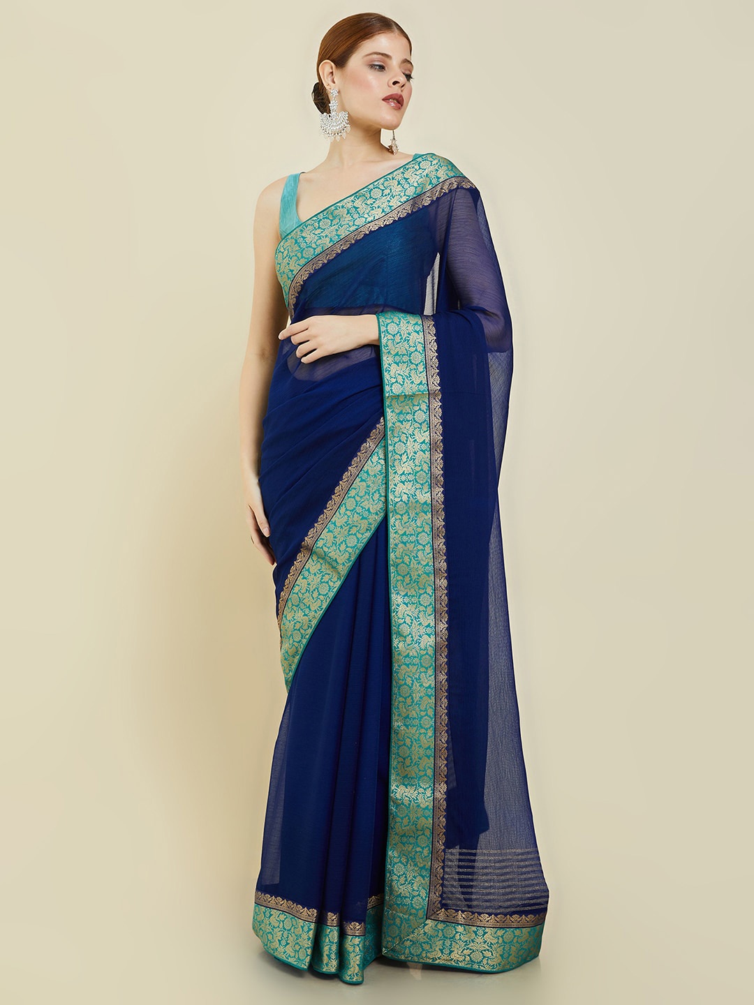 

Soch Navy Blue & Green Zari Pure Chiffon Saree