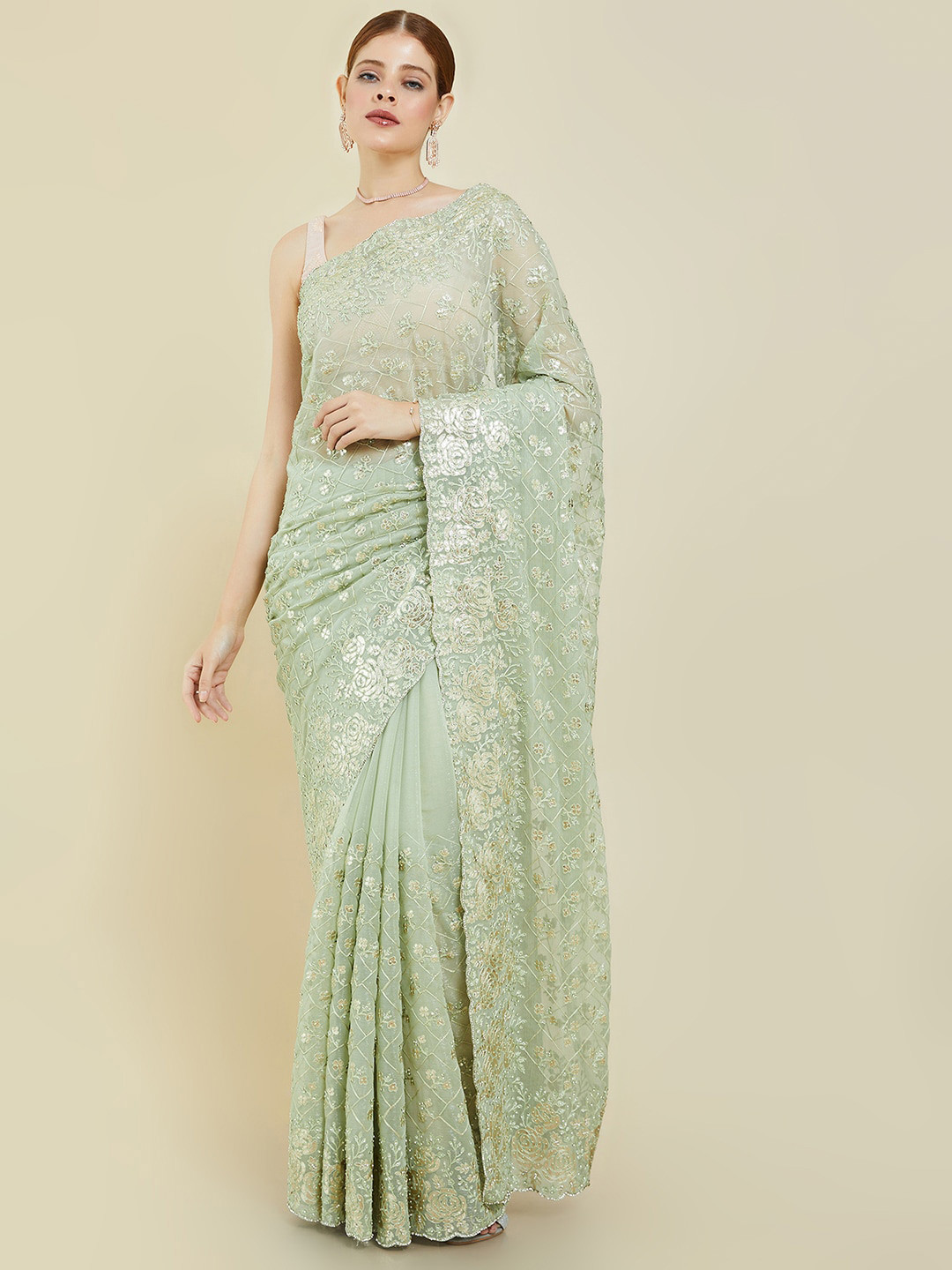 

Soch Green & Gold-Toned Floral Embroidered Pure Chiffon Saree