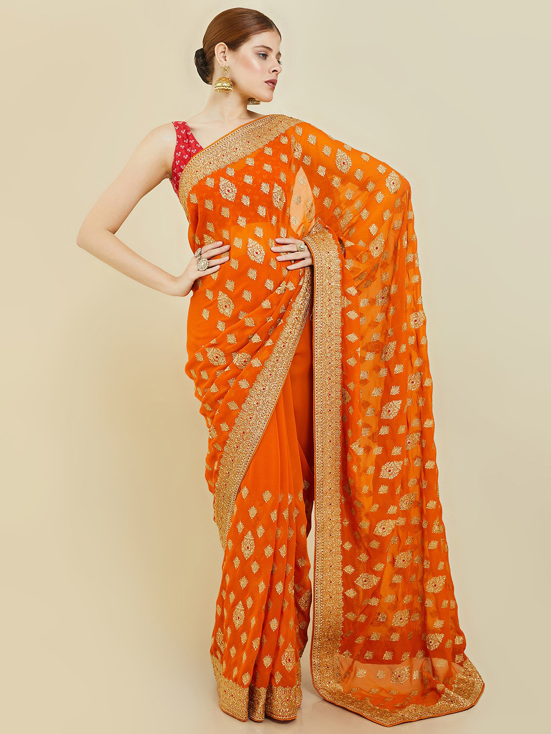 

Soch Orange & Gold-Toned Ethnic Motifs Embroidered Pure Georgette Saree