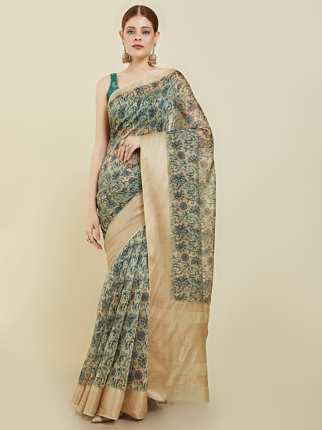 

Soch Beige & Green Floral Zari Pure Silk Chanderi Saree