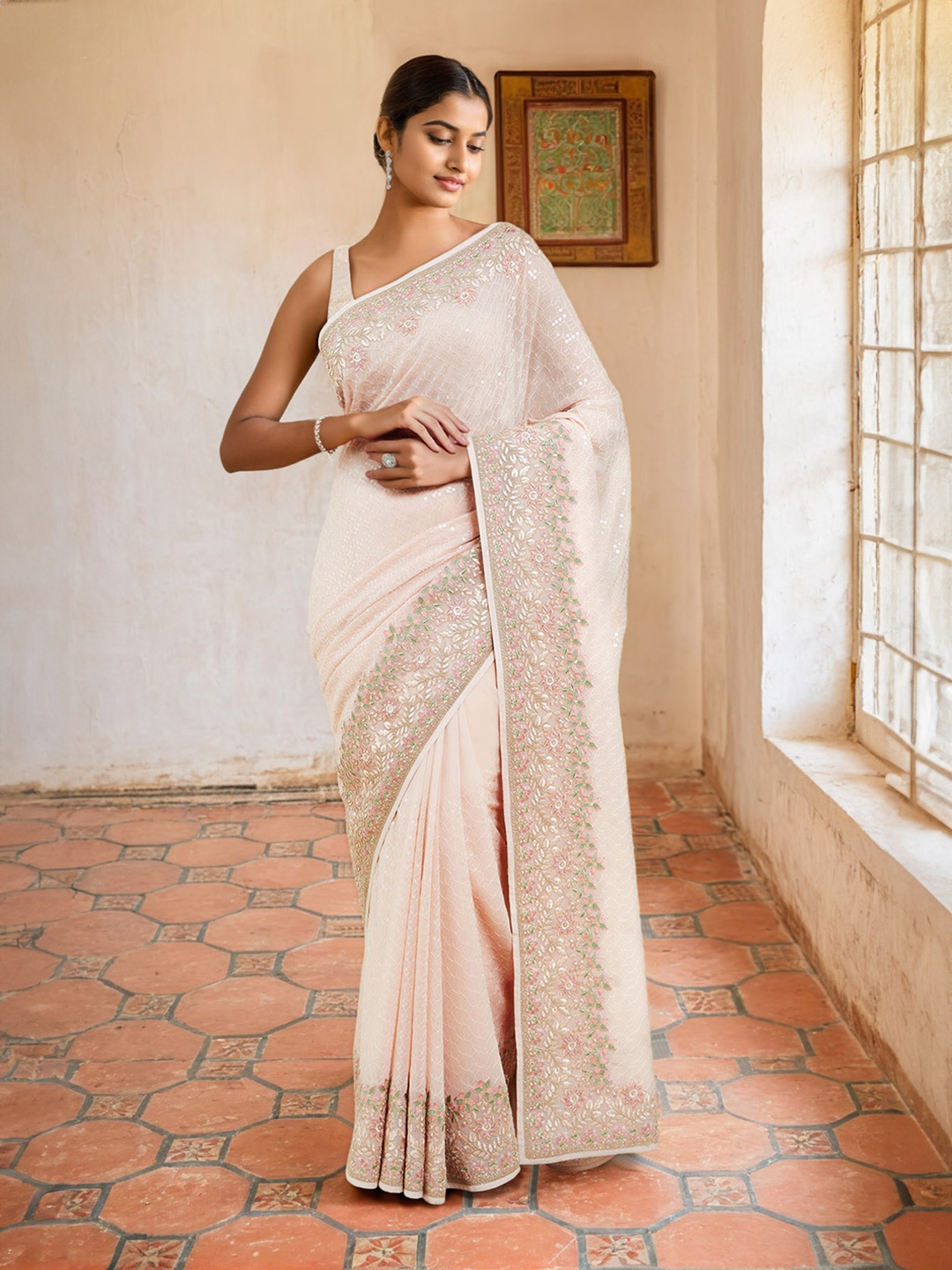 

Soch Peach-Coloured & Green Floral Sequinned Pure Georgette Saree