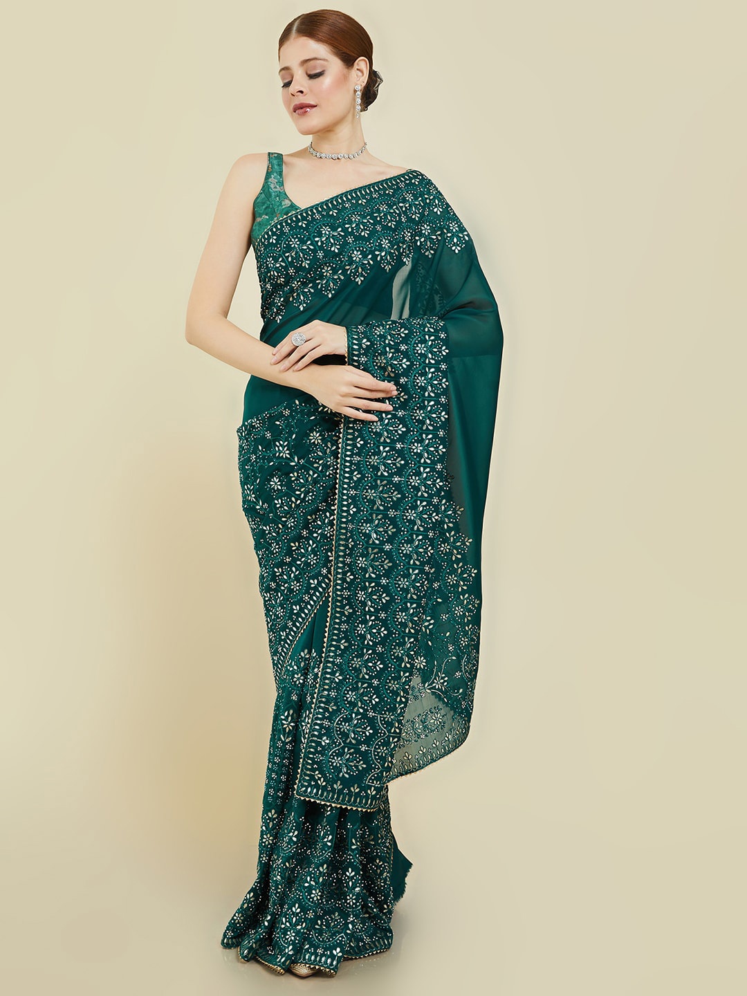 

Soch Teal & Gold-Toned Ethnic Motifs Embroidered Pure Georgette Saree