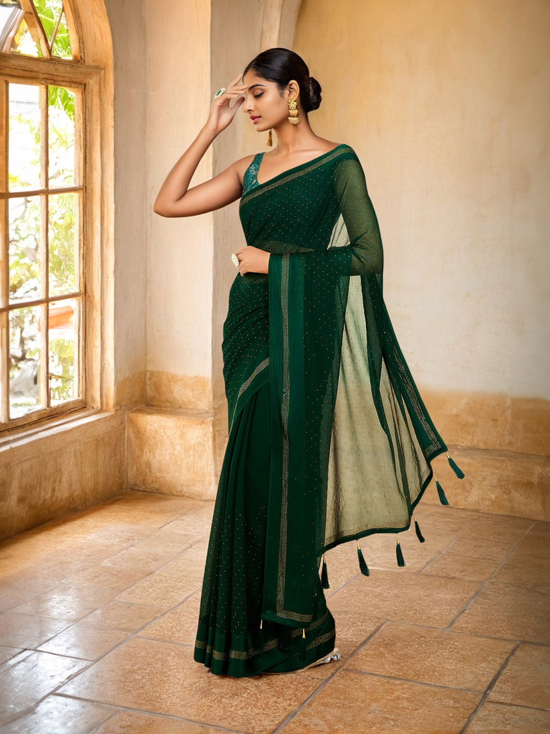 

Soch Green & Gold-Toned Embellished Beads and Stones Pure Georgette Saree